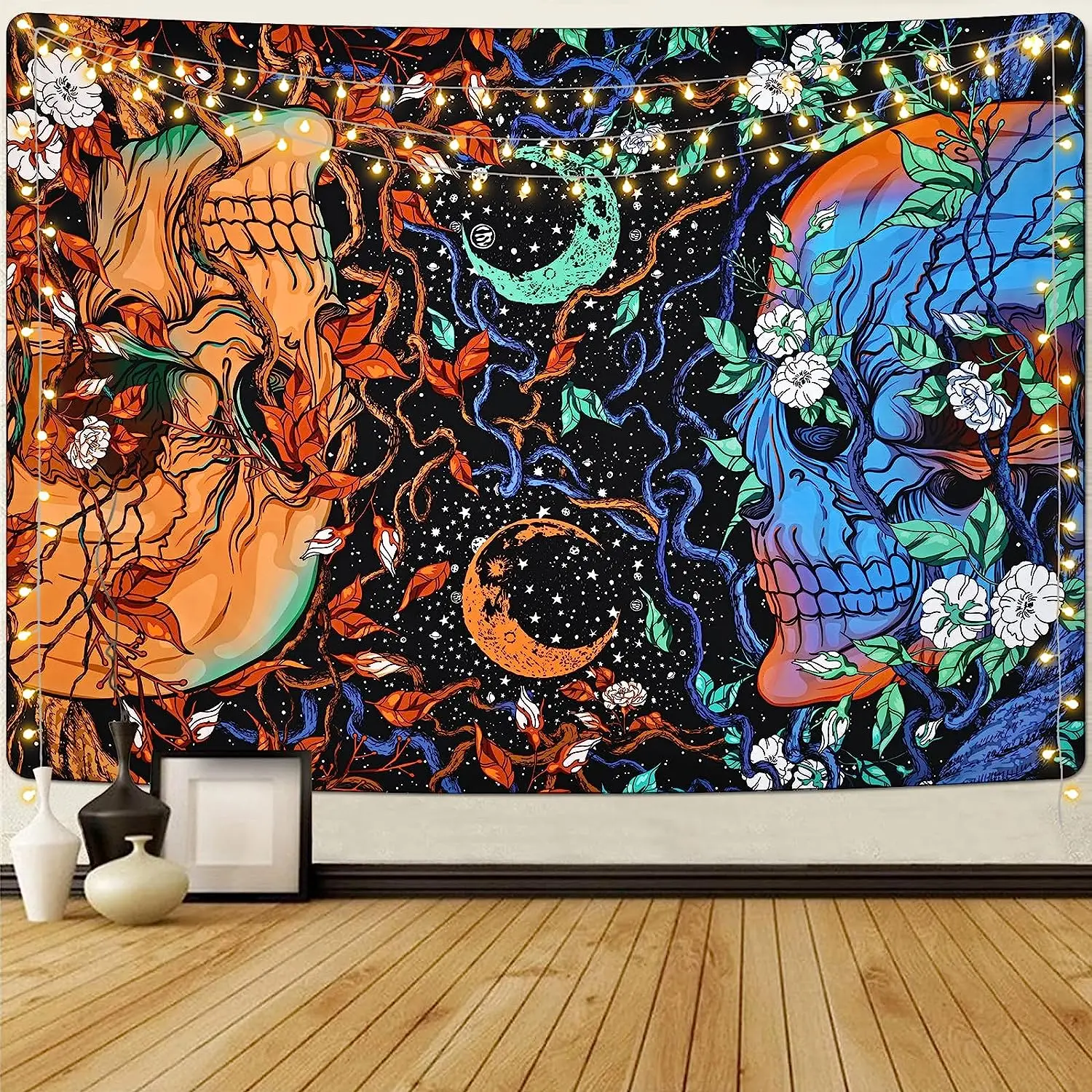 

Skull Floral Tapestry Aesthetic Leaves Tapestries Death Gaze Skeleton Trippy Moon and Stars Wall Hanging for Bedroom Living Room