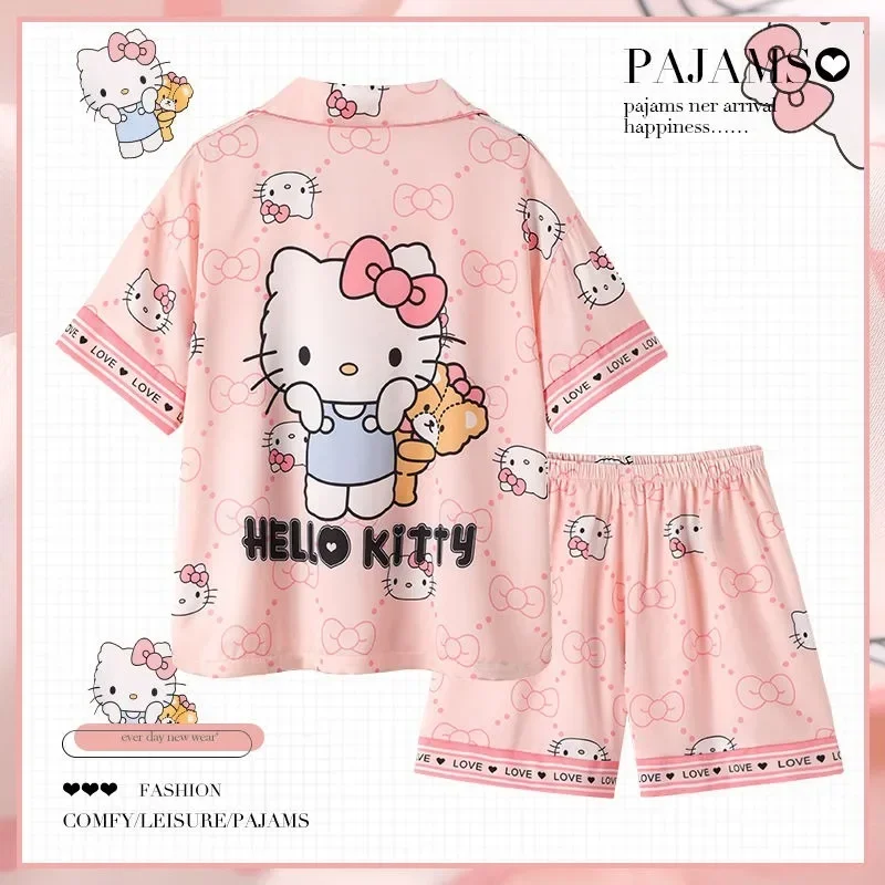 Hello Kitty cute Cinnamoroll Kuromi My melody Pochacco ice silk pajamas for women summer new kawaii student plus size home wear