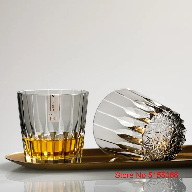 Japan Edo Kiriko Crystal Old Fashioned Glass Top Level KAGAMI Asterism Engrave Whisky Snifter Brandy Tumbler Starburst Wine Cup
