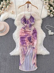 Foamlina Tie Dye Print Mesh Beach Party Dress Women Sexy Tie Up Halter Neck Sleeveless Backless Ruched Split Long Holiday Dress