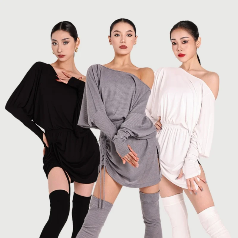 

New Latin dance performance costume high-end sexy off shoulder long sleeved dress adult Latin professional practice outfit
