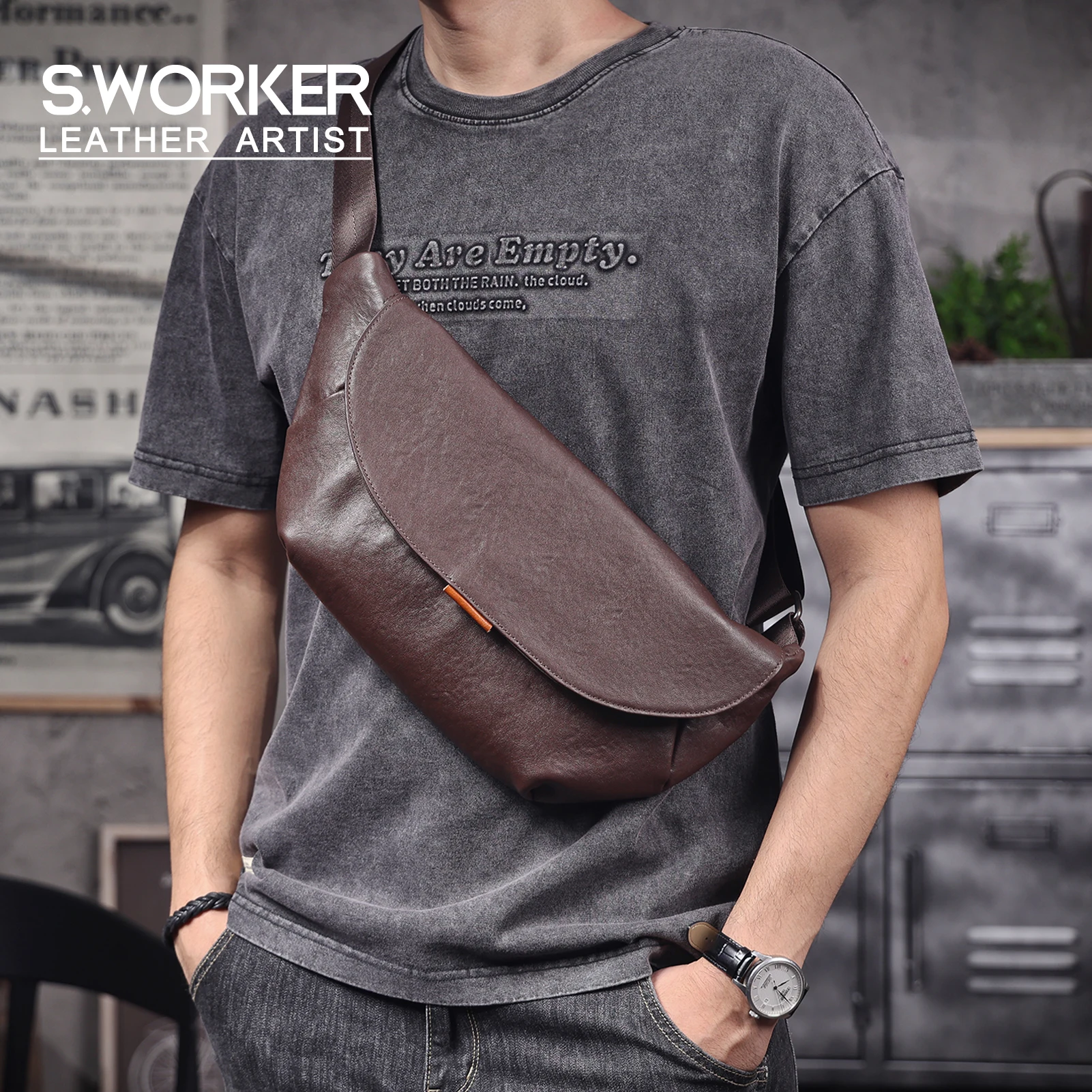 S.WORKER Herren-Umhängetasche aus echtem Leder, Umhängetaschen, einfache Rindsledertasche, pflanzlich gegerbtes Oberschichtleder, modisch, lässig – Detail 2
