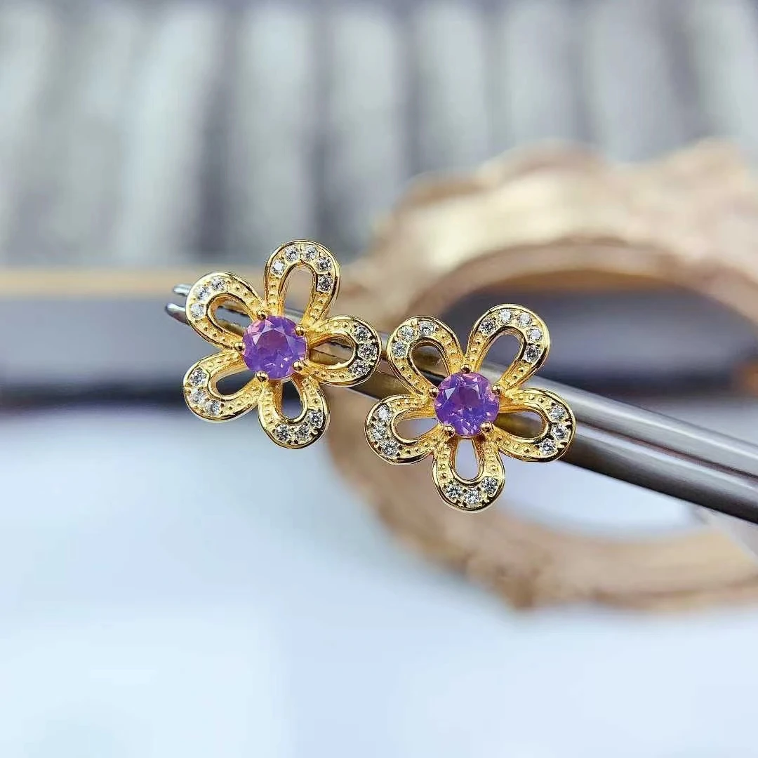 

Милые серьги из серебра 925 пробы с цветами, серьги с натуральным аметистом, неаллергенные, 4 мм, класс VVS, аметист, серебряные украшения