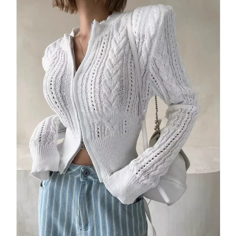 جديد بلون مكتب عارضة أعلى تريكو الخريف المرأة أزياء طاقم الرقبة طويلة الأكمام محبوك سستة سترة #1