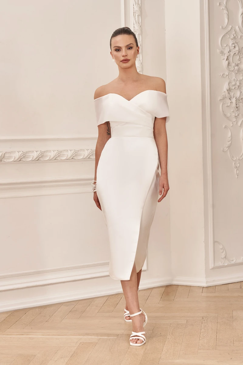 Simple Wedding Dress Off Shouler Satin Side Slit For Women Customize To Measures Bridal Gown Beach Civil Ankle Length Stunning