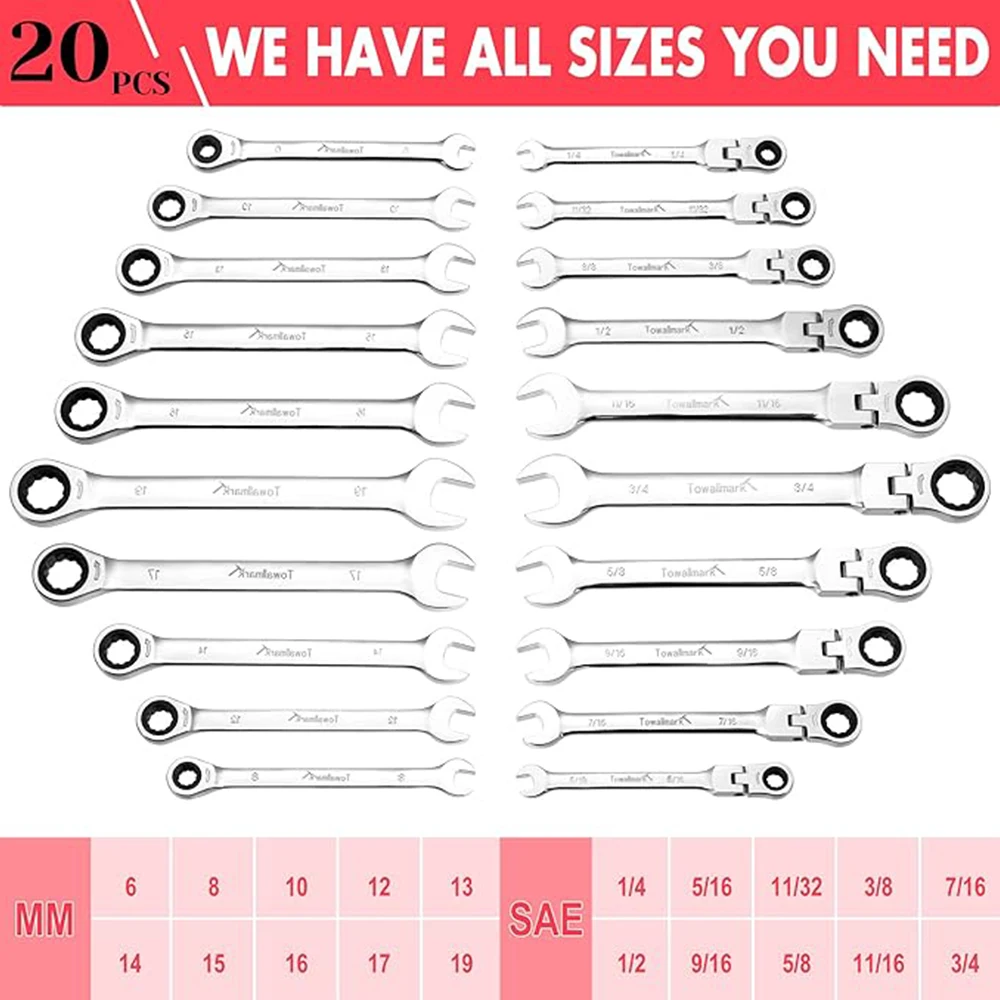 20-Piece Ratcheting Combination Wrench Set, Combo Ratchet Wrenches Set with Storage Bag, 72 Teeth, SAE 1/4-3/4