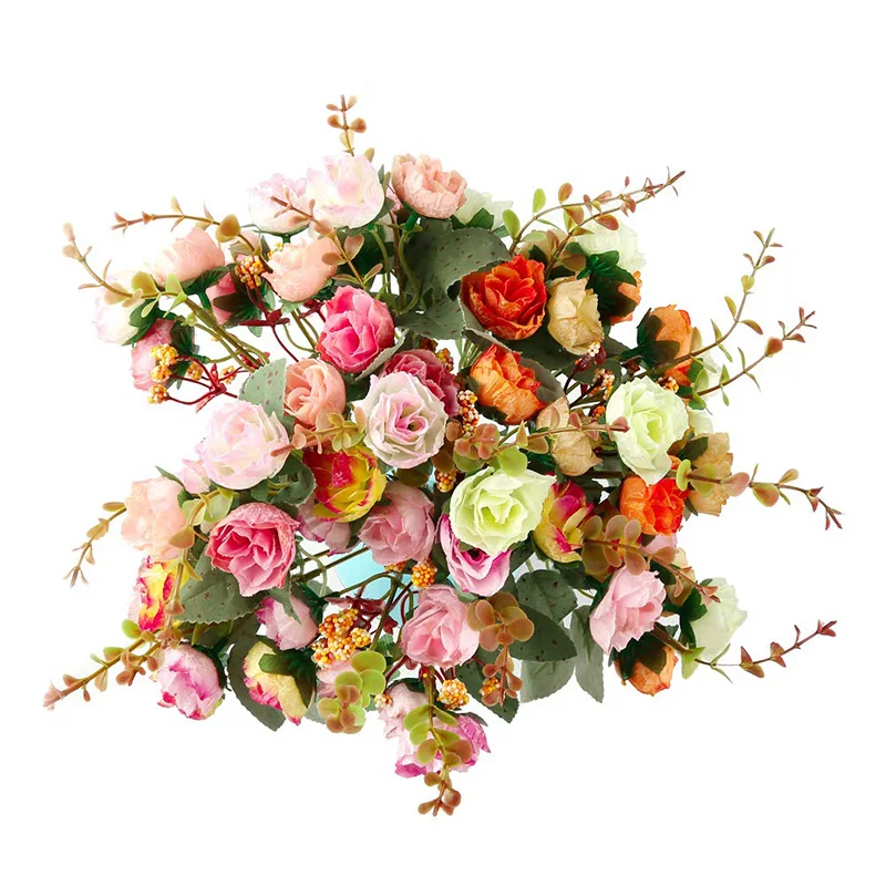 Simulation Flower 21 Head Rose Bunch Fake Flower Orange Silk Bouquet Artificial Flower Bride Wedding Home Festival Decoration