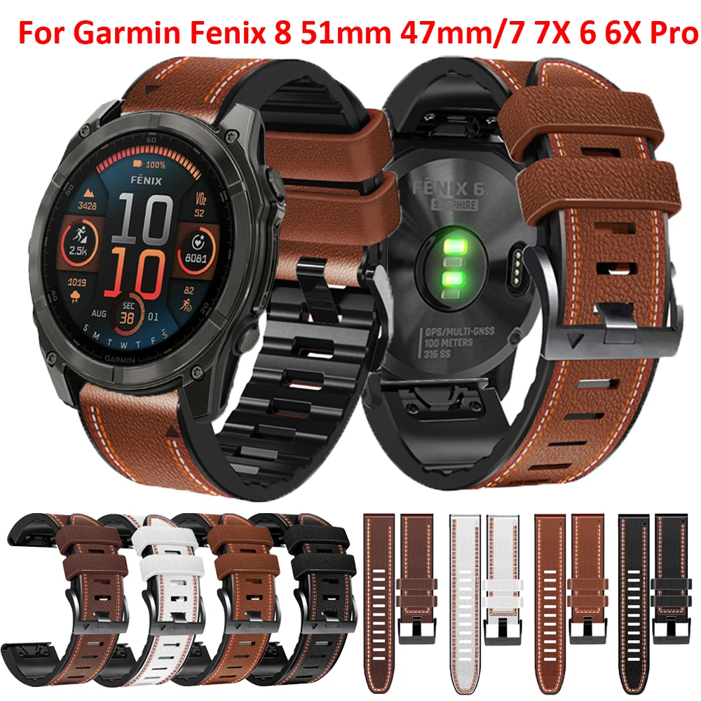 Watch Straps For Garmin Fenix 8 51mm 47mm Silicone Leather Quick Release Replacement Watch Band For Fenix 6X 6 Pro 7 7X 5 5XPlus