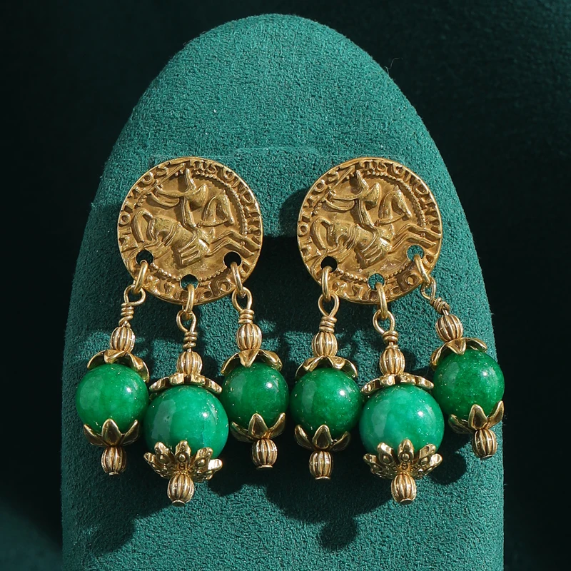 

Vintage Green Earrings Dangle Knight Ancient Coin Gold Color Natural Stone Tassels For Woman Accessories Luxury Quality Jewelry