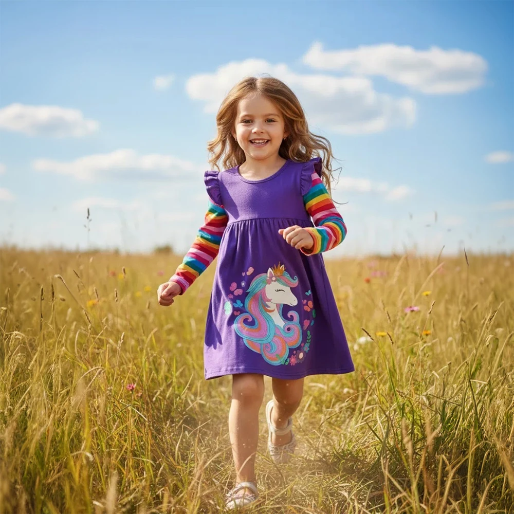 DXTON Baumwolle Kinderkleid Regenbogen Gestreift Langarm Mädchen Kleid Einhorn Cartoon Kinder Freizeitkleidung Blumen Kleinkind Kleid – Detail 3
