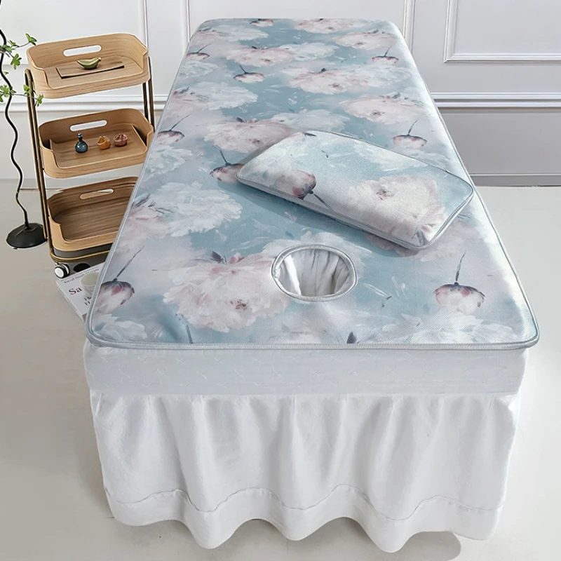 New Summer Beauty Salon Bed Mat Cooling Ice Silk Floral Printed Sheet with Face Hole for Beauty Room Spa & Massage Parlor Use