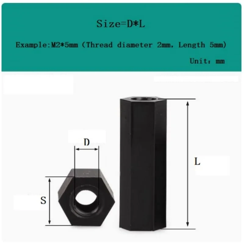 Black Hex Nylon Standoff Spacer Column Flat Head Double Pass Spacing Screws M2 M2.5 M3 M4 M5 M6 10 to 50pcs