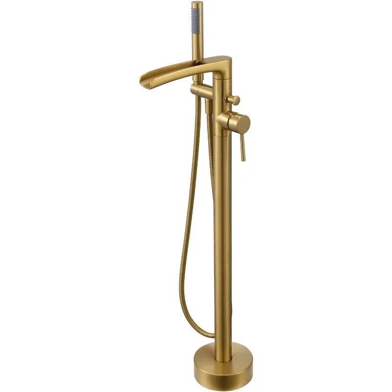 

Waterfall Freestanding Bathtub Faucet Brushed Gold Floor Mount Tub Filler Brass Single Handle Bathroom Faucets with Hand Shower