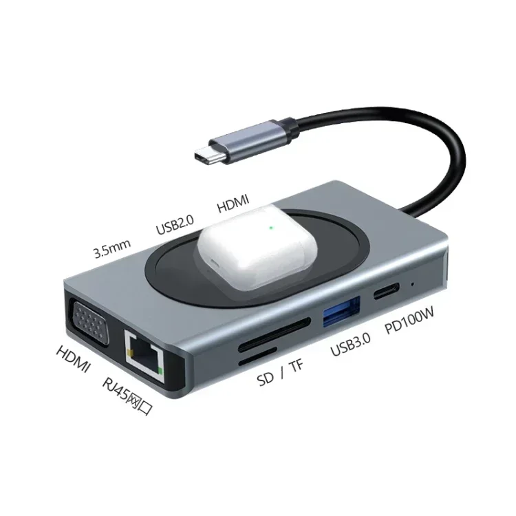 Good feedback 9 In 1 Wireless Charging Docking Hub Converter Laptop Docking Station USB C Hub Adapter