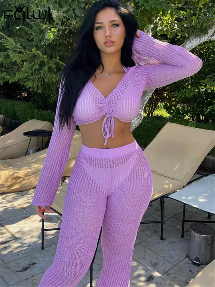 

Habbris Sexy Purple Knitted 2 Two Piece Pants Sets Beach Vacation Outfits For Women 2023 Flare Sleeve Crop Top Fashion Pants Set