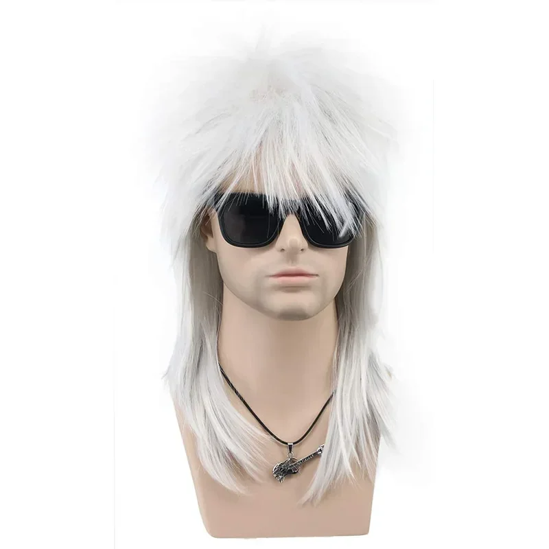 WIGS Long Straight Hair Silver Gray Synthetic Wig For Men And Women 70s 80s Cosplay Rock Punk Disco Mullet White Wig