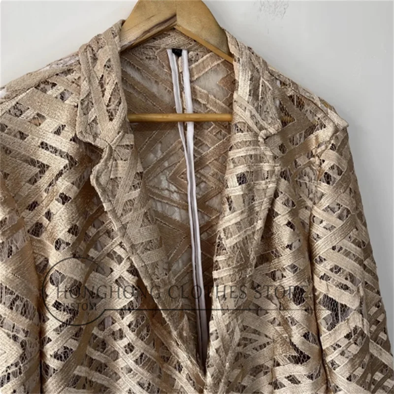 Champagne gold heavy embroidery and hollowed-out design coat, high-quality casual custom-sized suit