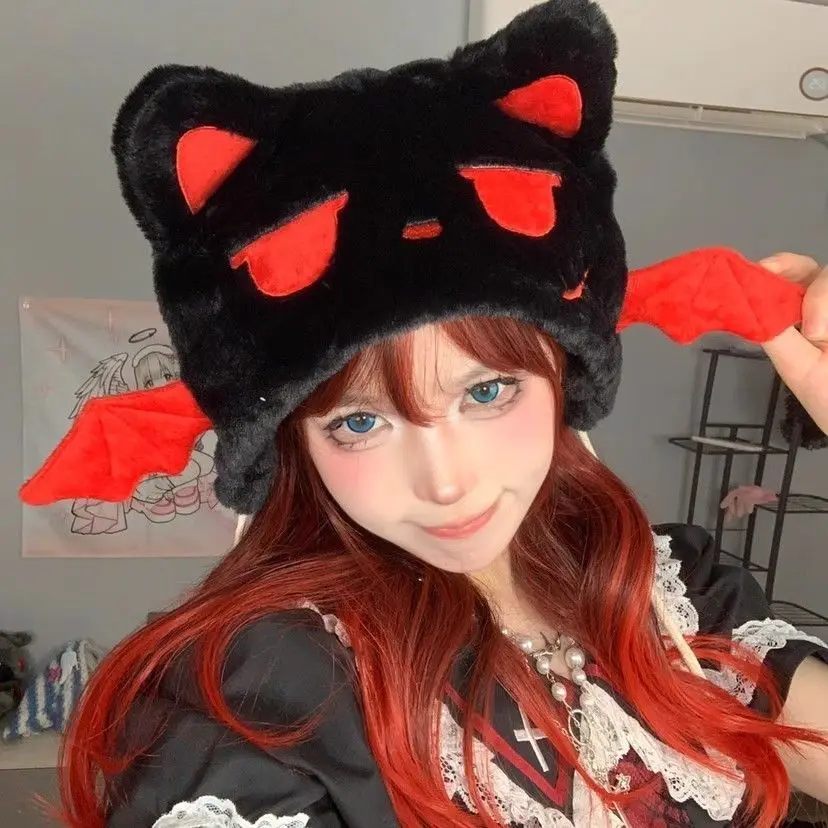 Kawaii اليابانية فتاة قبعة Harajuku القط الأذن قبعات Y2K القوطية الشرير الخريف الدافئة الدانتيل شيطان الجناح قبعة محبوكة الدفء قبعة صغيرة