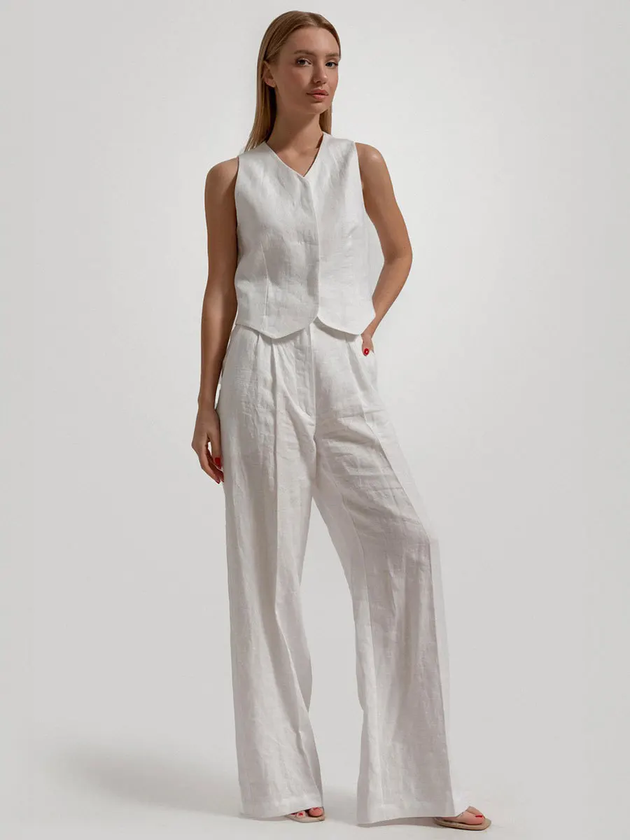 Linen Two Piece Wide Leg Pants Set Work Office Lady Vest+Pants Set For Summer Casual Pure White V-neck Sleeveless Vest Tousers