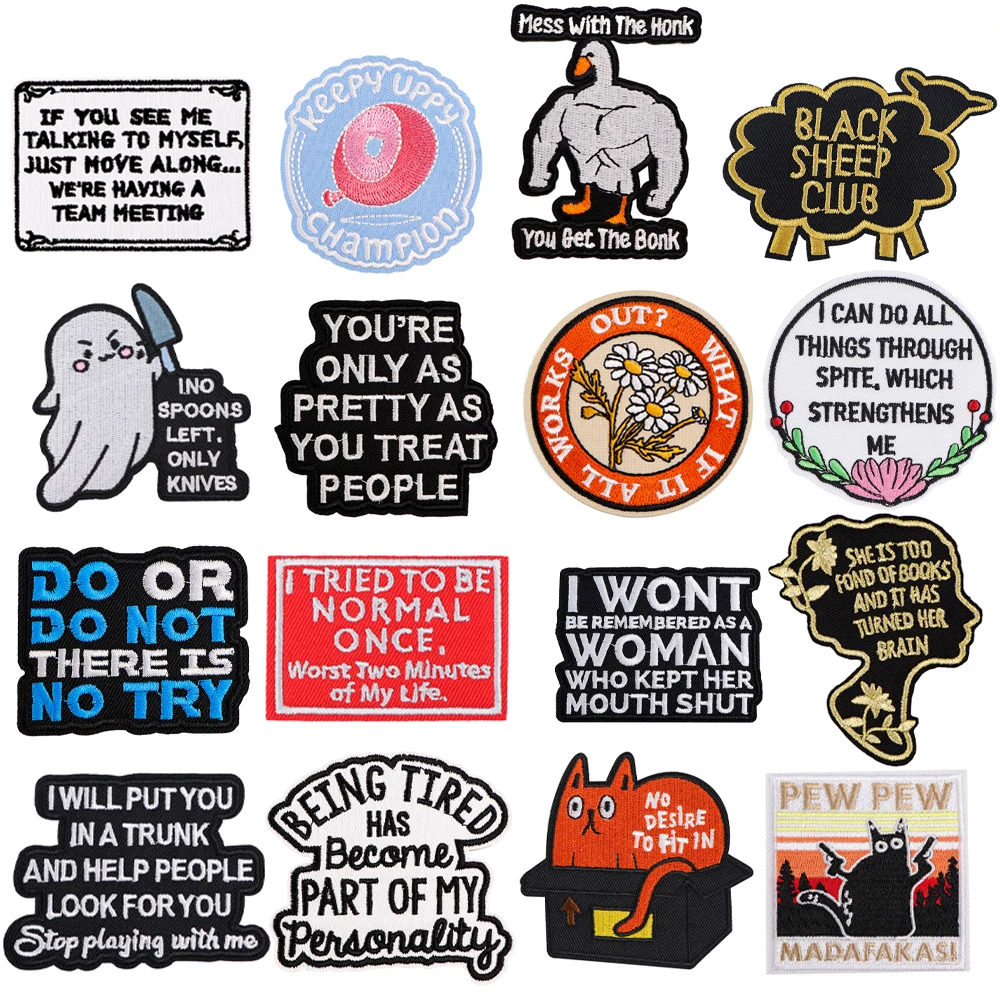 

Cartoon Quotation Embroidered Fashion DIY Patch on Clothes Hat Bag Women Cute Fabric Patches Sew Exquisite Stickers Accessories