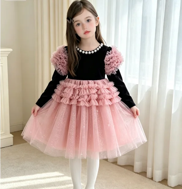 Girls' Dress 2026 Autumn and Winter New Children's Clothing Korean Style Girl Baby Sweet Delicate Velvet Splicing Mesh Dress