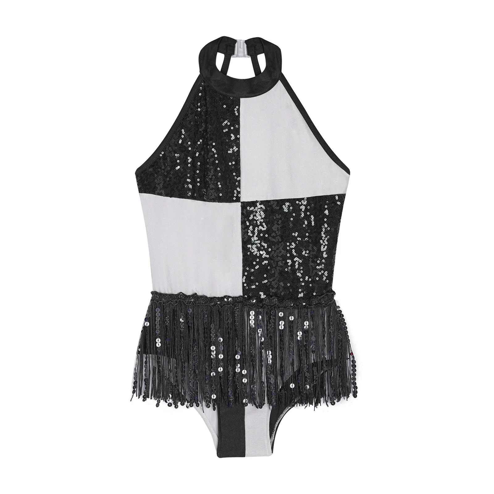 Children Girls Sleeveless Sequins Tassel Latin Jazz Dance Bodysuit Dress Cha-cha Tango Samba Rumba Skating Gymnastics Leotard