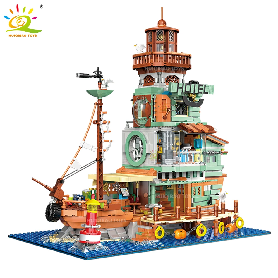 

MOC Fisherman Wharf Harbour Hotel Old House Store Mirco Building Blocks Streetview Mini Brick City Construction Toy for Children