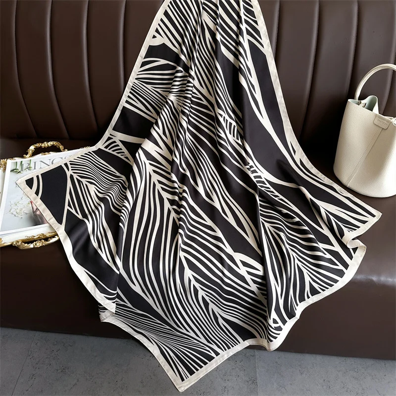 90*90cm Square Luxury Brand Women Scarf Silk Striped Print Designer Hijabs Female Neckerchief Scarves Wrap Headband Bandana