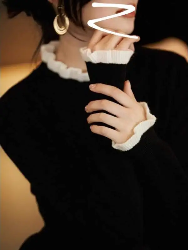 

Color Blo Knitted Sweater Wool Camere Chic Stand Collar Fake Two-Piece Women's Faion Korean Sle Long Sve Winter 2025