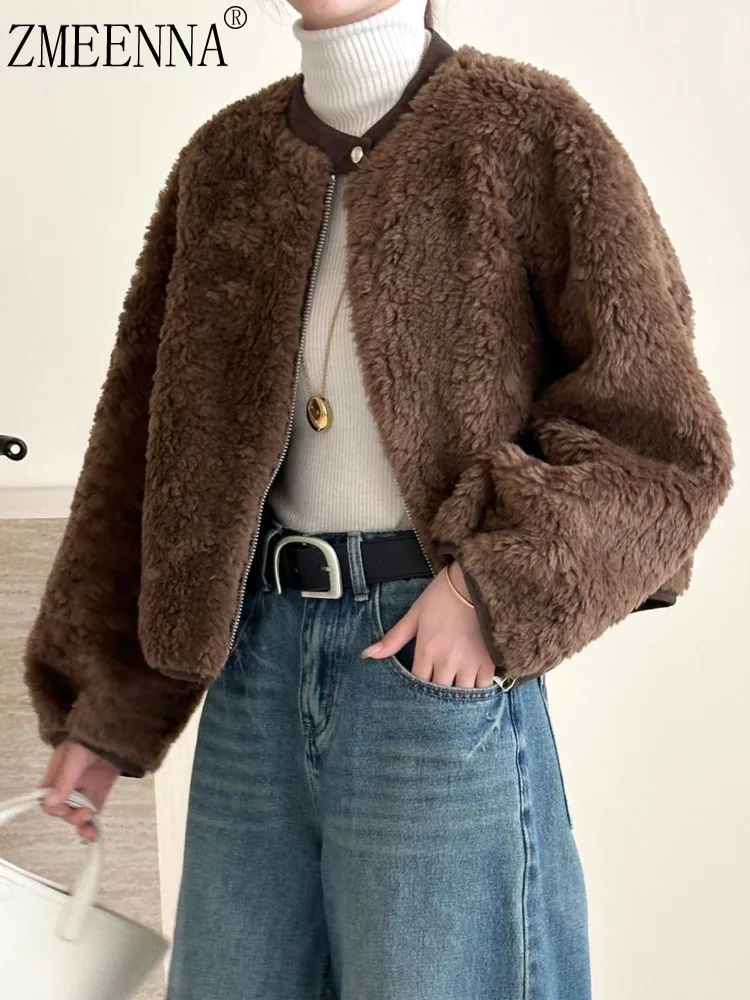 

ZMEENNA Womens Brown Faux Fur Jacket Zip Up Winter Warm Fluffy Coat Round Neck Short Crop Outwear Casual Chic ZM4718