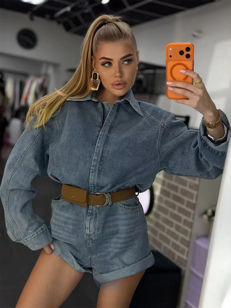 Women's Washed Denim Romper Long Sleeve Cuffed Lapel Collar Short Jumpsuit Casual Loose Jean Vintage Playsuit Trendy Arrival New