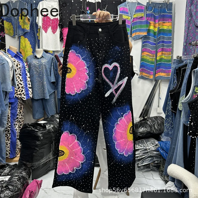 

Graffiti Flowers Hot Drilling Black Denim Trousers New Spring Autumn High Waist Wide Leg Pants Diamond High Waist Straight Jeans