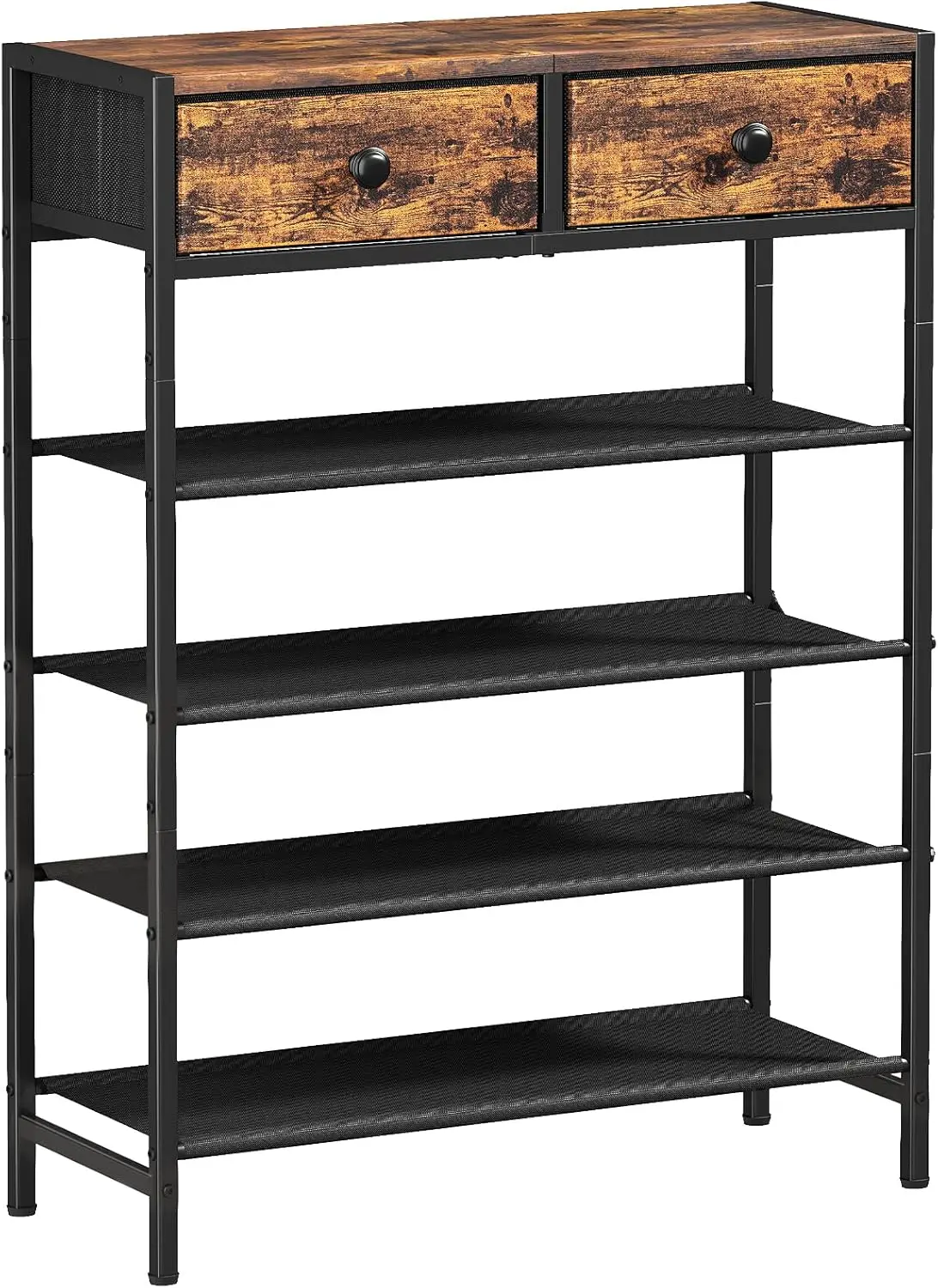 

5-Tier Metal Shoe Rack with 2 Drawers, Rustic Brown Wooden Top for 16-20 Pairs, Space-Saving Closet Organizer