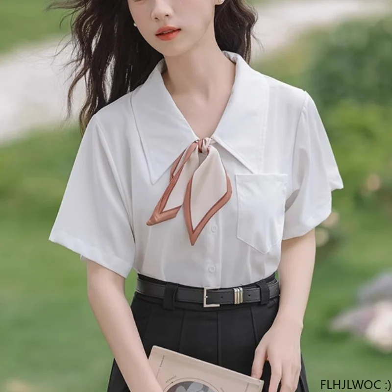 Loose Clothes Bow Tie Tops Blouses New Hot Women Fashion Office Lady High Street Solid Button Boyfriend Design White Shirts