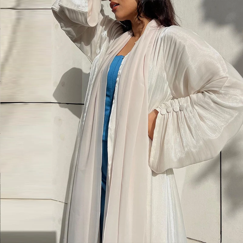 Ramadan Luxury Shiny Satin Open Kimono Abaya Chic Dubai Batwing Sleeve Abayas Women Muslim Evening Dress Islamic Clothing