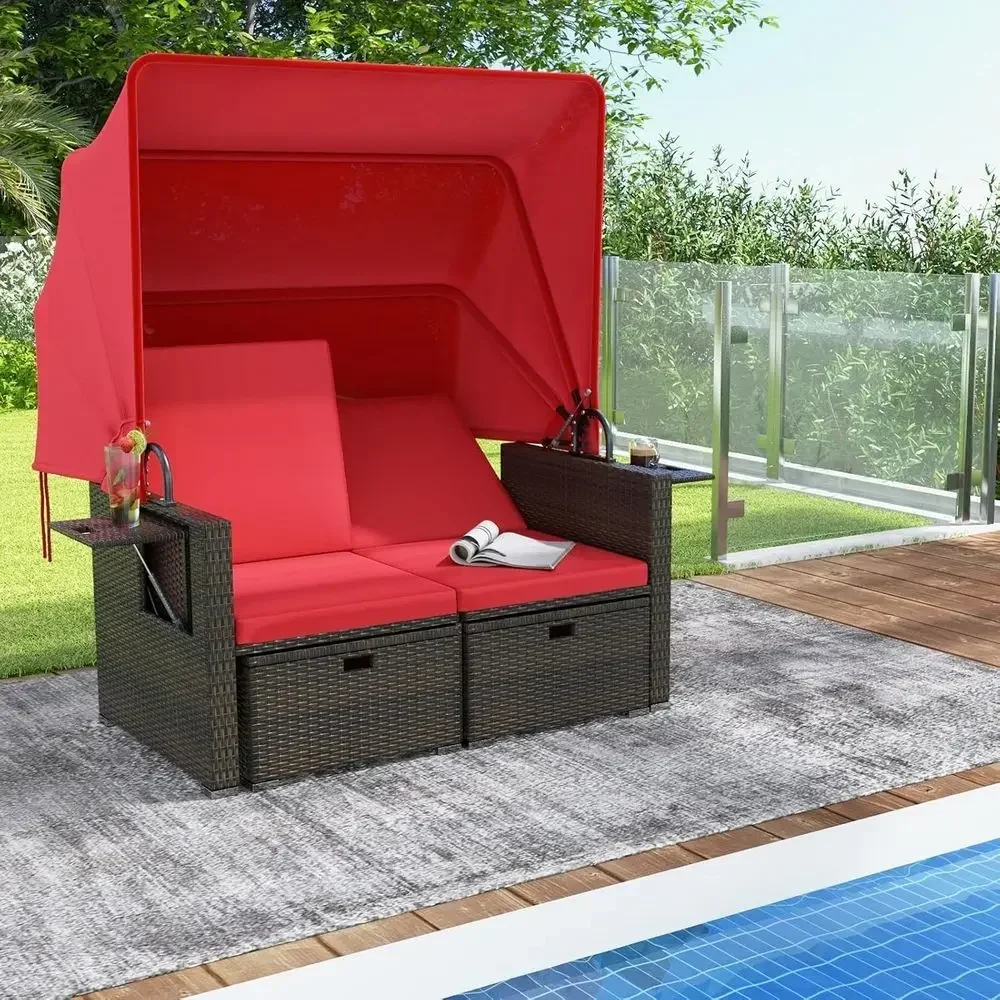 Outdoor Rattan Daybed with Retractable & 4-Position Adjustable Backrests, 2 olding Side Tables & 2 Storage Ottomans, Cushioned 2