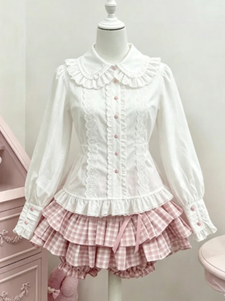 Women Slim Fit Lolita Blouse Lace Ruffles Japanese Style Summer Sweet Shirts Camisas De Mujer Casual Fashion Female Tops Blouses