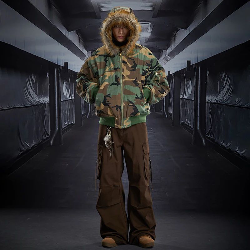 LUZHEN 2025 الشتاء موضة الصوف نحى بطانة سميكة فو الفراء مقنعين معطف مبطّن الرجال التمويه المطبوعة سترة سترة JY5339