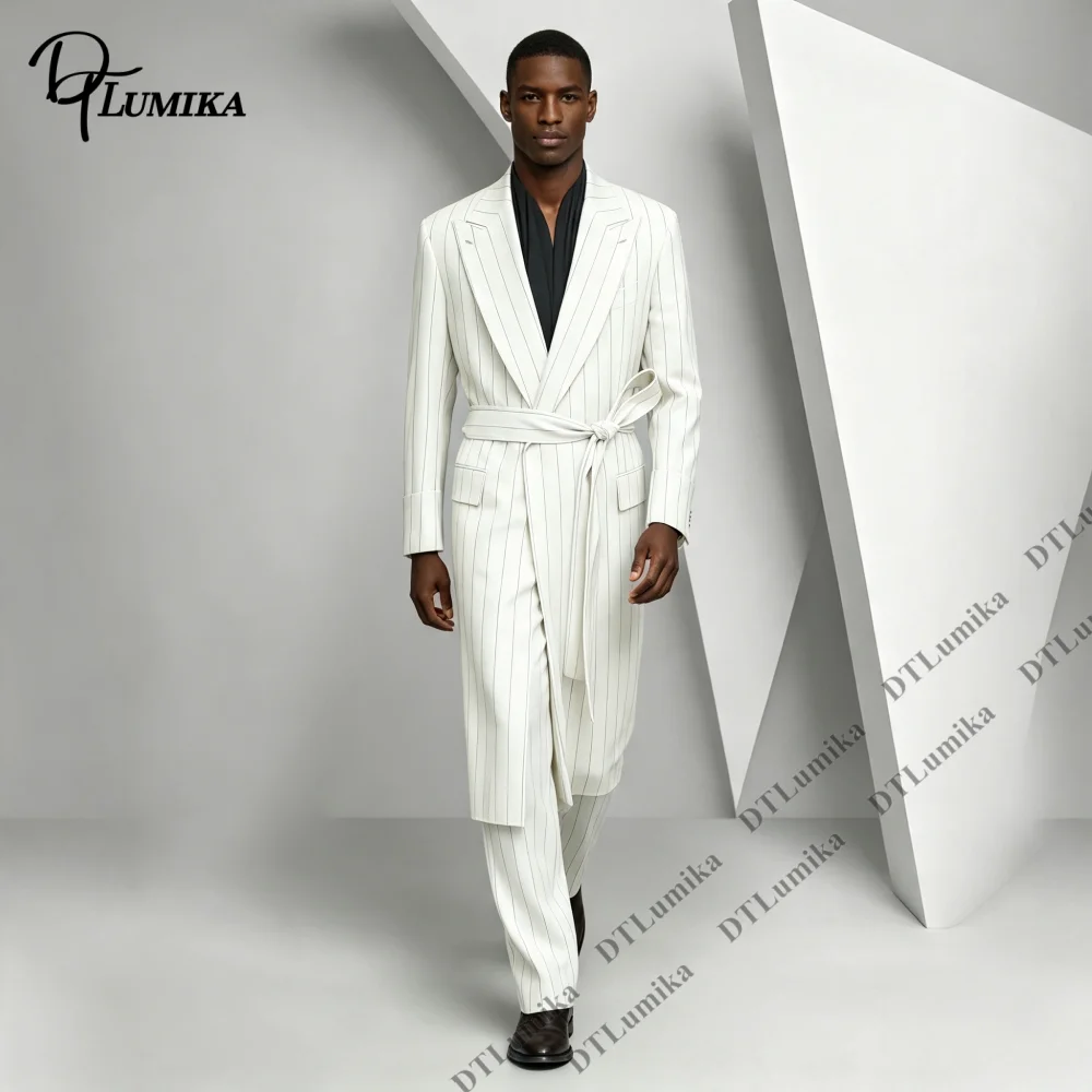 2026 Autumn Winter New Pinstripe Wrap Long Blazer Pants 2 Piece Men Suit Oversized Lapel Belted Formal Party Prom Business Suit