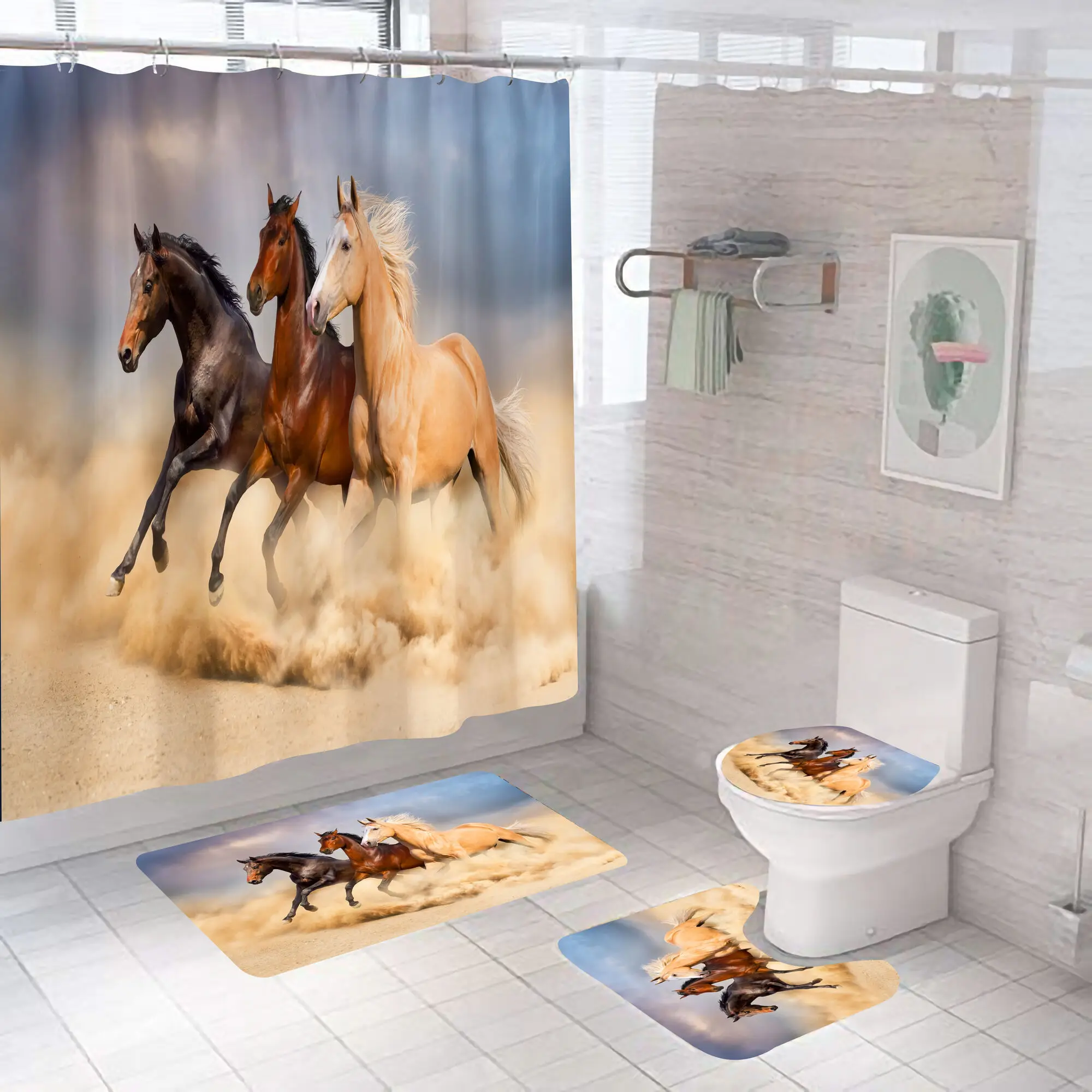 Horse Running Shower Curtains Bathroom Decor Aniaml Printed Waterproof Polyester Fabric Home Bath Bathtub Curtain Set With Hooks