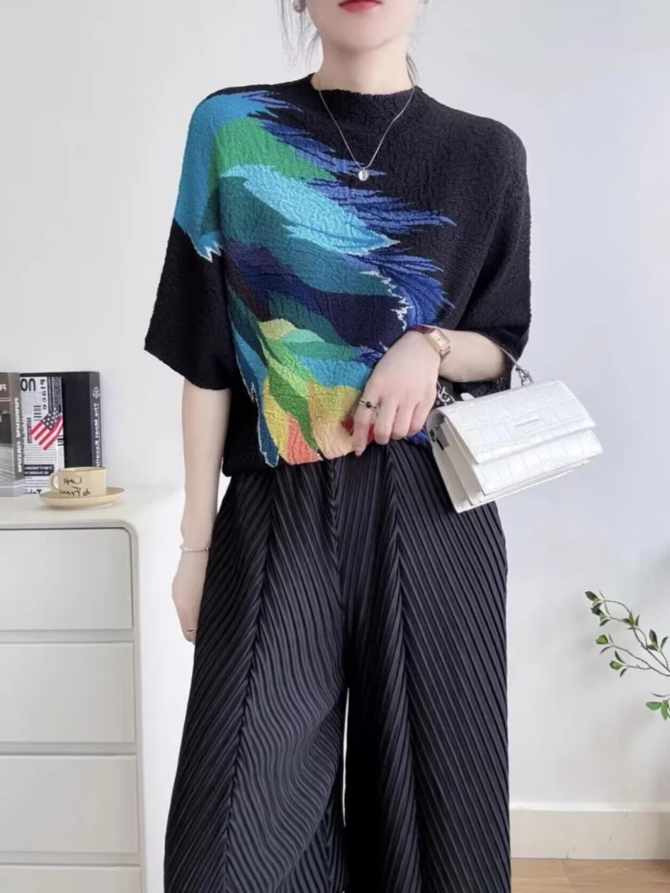 

Summer Women's Loose Fit Short Sleeve T-Shirt Feather Print Elastic Slimming Lightweight Breathable Base Layer Top