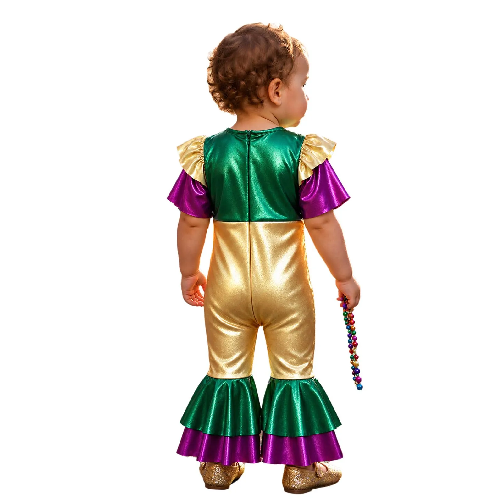 Girls Carnival Party Color Block Metallic Romper Dancewear Short Sleeve Zipper Bell-bottom Jumpsuit for Performance Photo Shoot