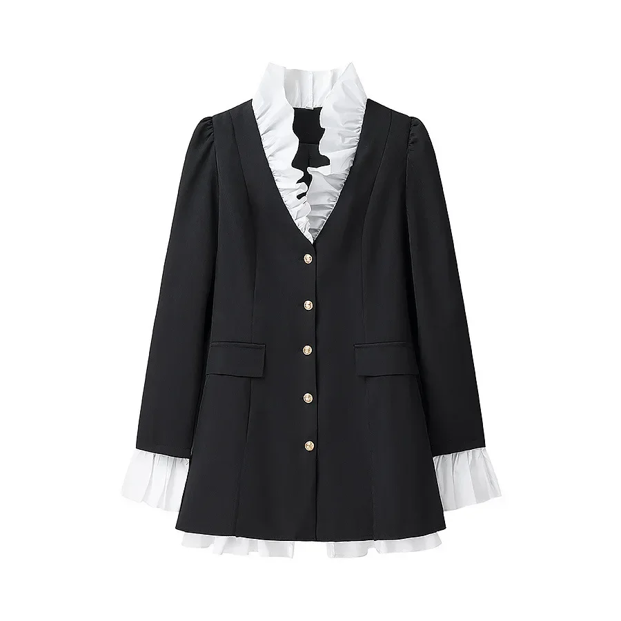 

ZBZA Women's Retro Ruffle Blazer Loose Pleated Flared Sleeves Single-breasted Mid-waist Casual Mid-length Jacket Spring New Coat