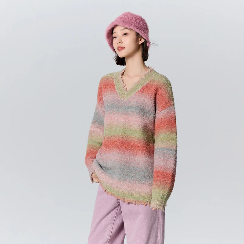 Semir Sweater Women Mid-Length Loose Personality Lazy 2024 New Winter V-Neck Gradient Minority Sweet Cool Striped Shirt