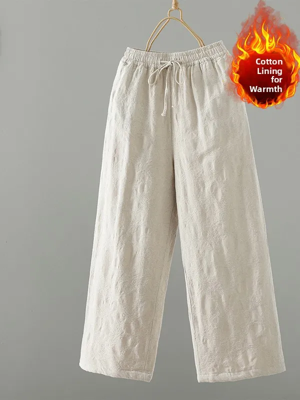 2025 جديد غير رسمي الفني واسعة الساق سراويل قطنية عالية الخصر الحرارية المرأة حجم كبير التخسيس مستقيم الساق بنطلون