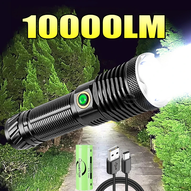 10000 Lumens Rechargeable LED Flashlight Long Shot Super Bright Torch Zoomable High Power Flashlight Waterproof Tactical Lantern