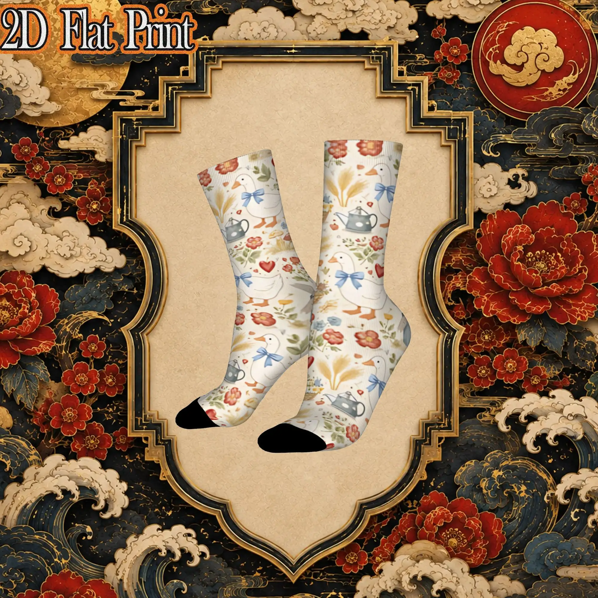 Vintage Basket Bird Floral Pattern Retro  Street Style Novelty Seamless Crew Creative Sock Sports Socks