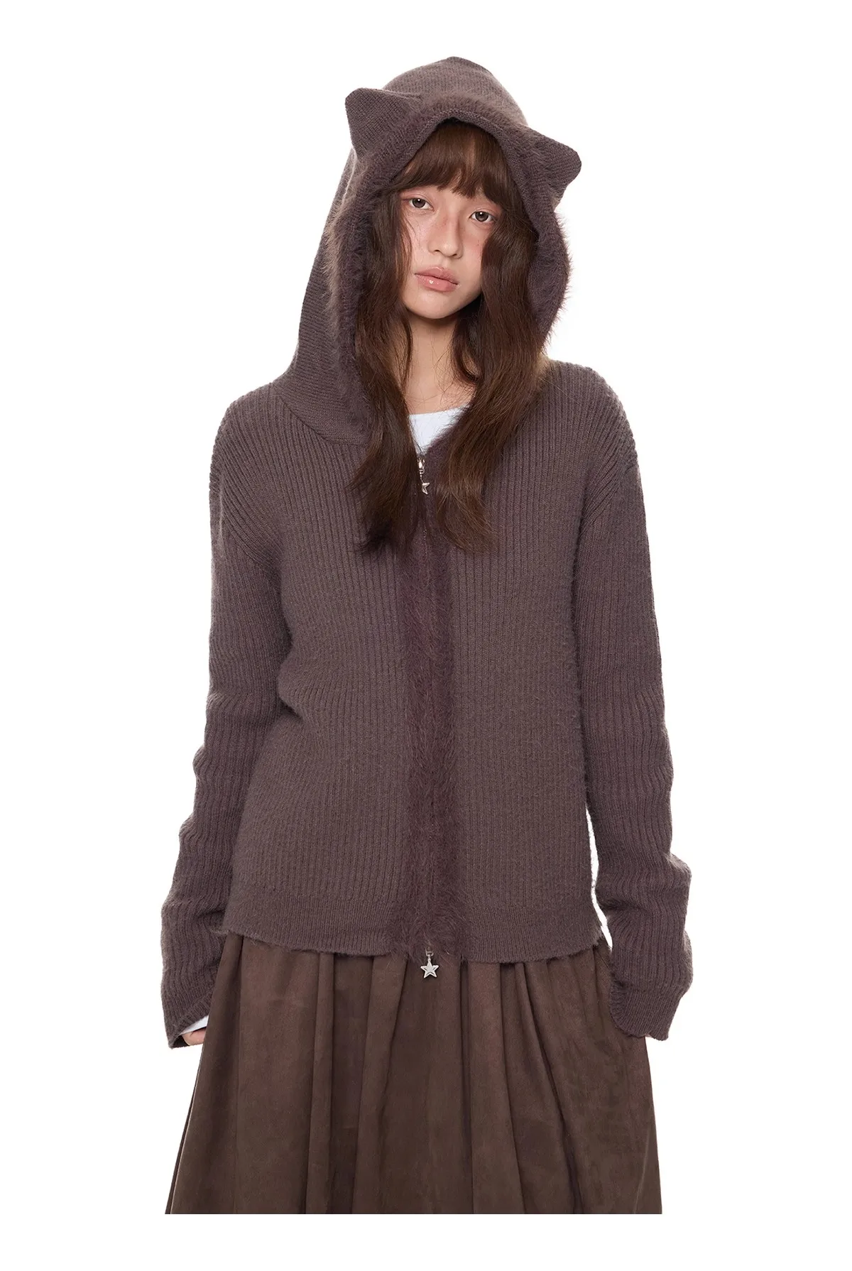 Little Bear Ears Hooded Knitted Cardigan Sweater Women's Autumn/Winter New Vintage Edge Splicing Coat 2025