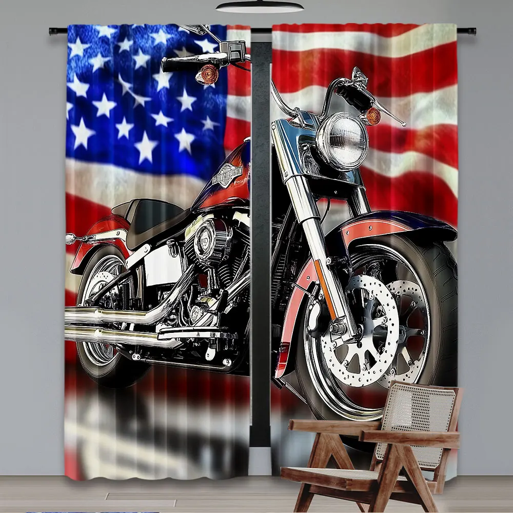 2Pcs Racing Motorcycle Curtain American Flag Motorbike Extreme Sports Motocross Rider For Bedroom Living Room Dining Room And