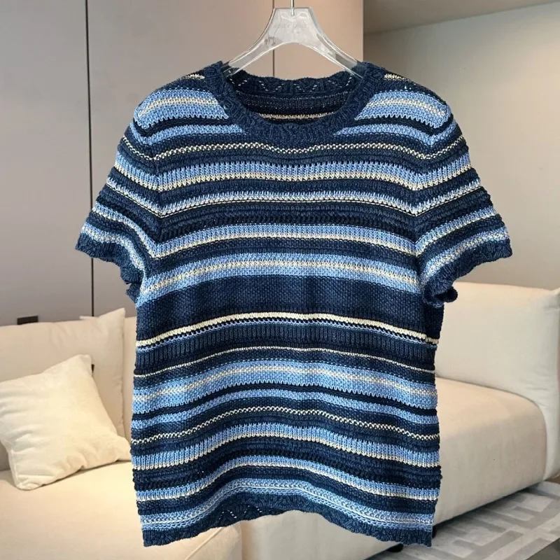 Spring Striped Knitted Short-sleeved Retro Style Hollow Knitted T-shirt for Women